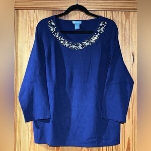 Vintage Koret Embellished Jeweled Neck Cobalt Blue 3/4 Sleeve Knit Sweater